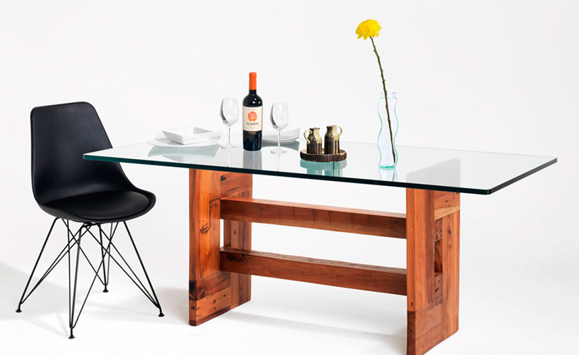Mesas de comedor de cristal combinan con todo, mesa Zen para 6 personas con cubierta de cristal templado de 19 mm y base de madera de roble recuperado